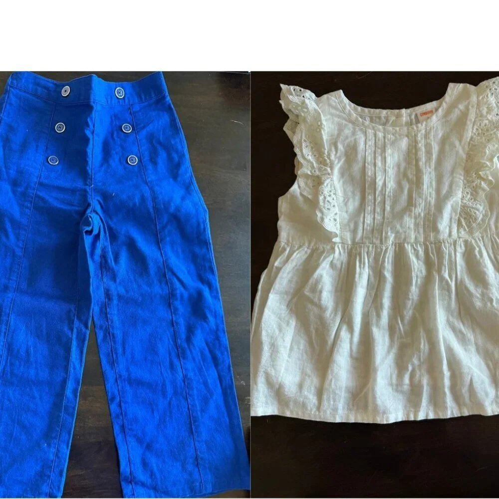Gymboree Bon Voyage Blue Cropped Pants &  White Blouse Both Size 6